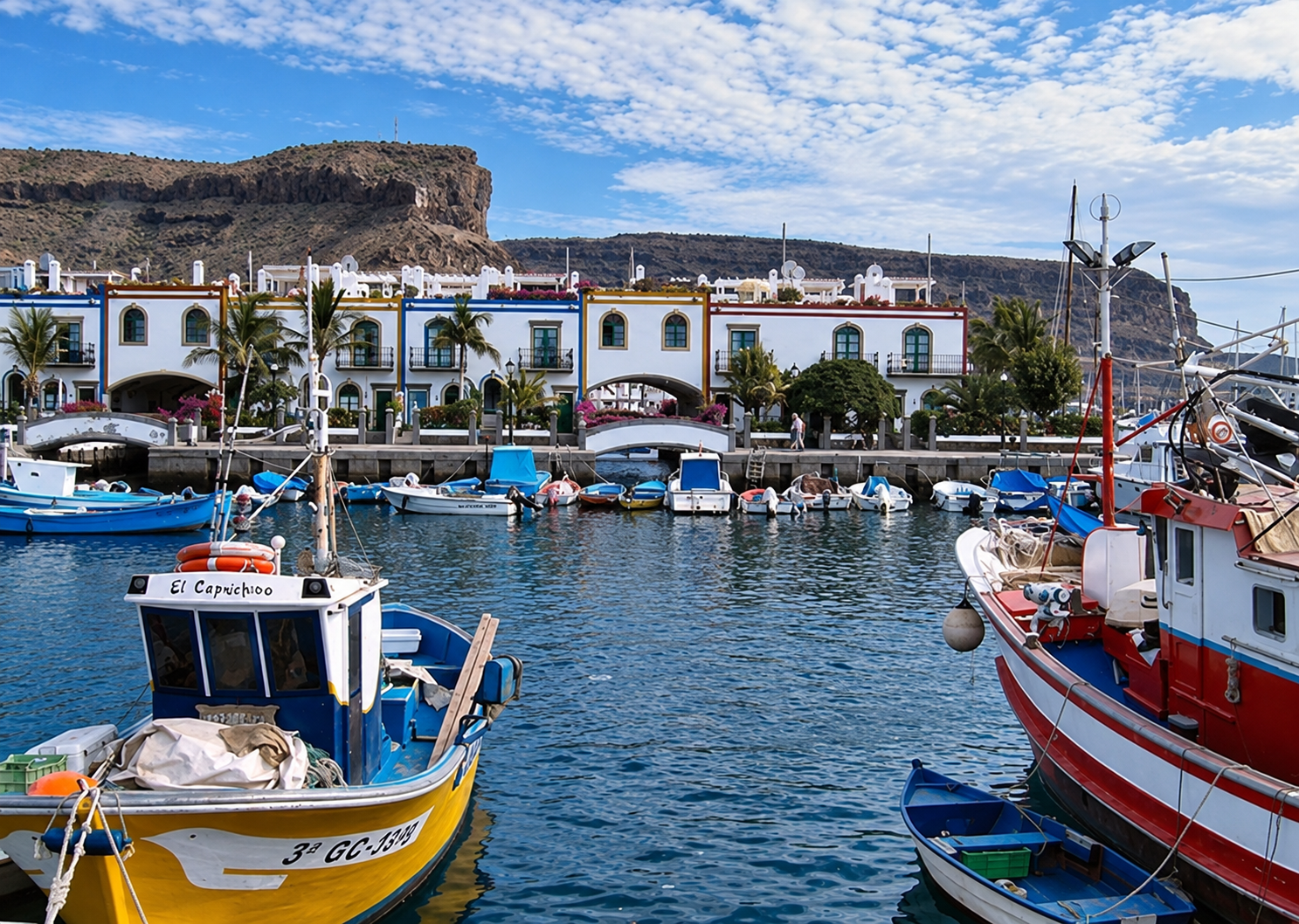 Catamaranes y barcos de excursión en la marina de Puerto de Mogán