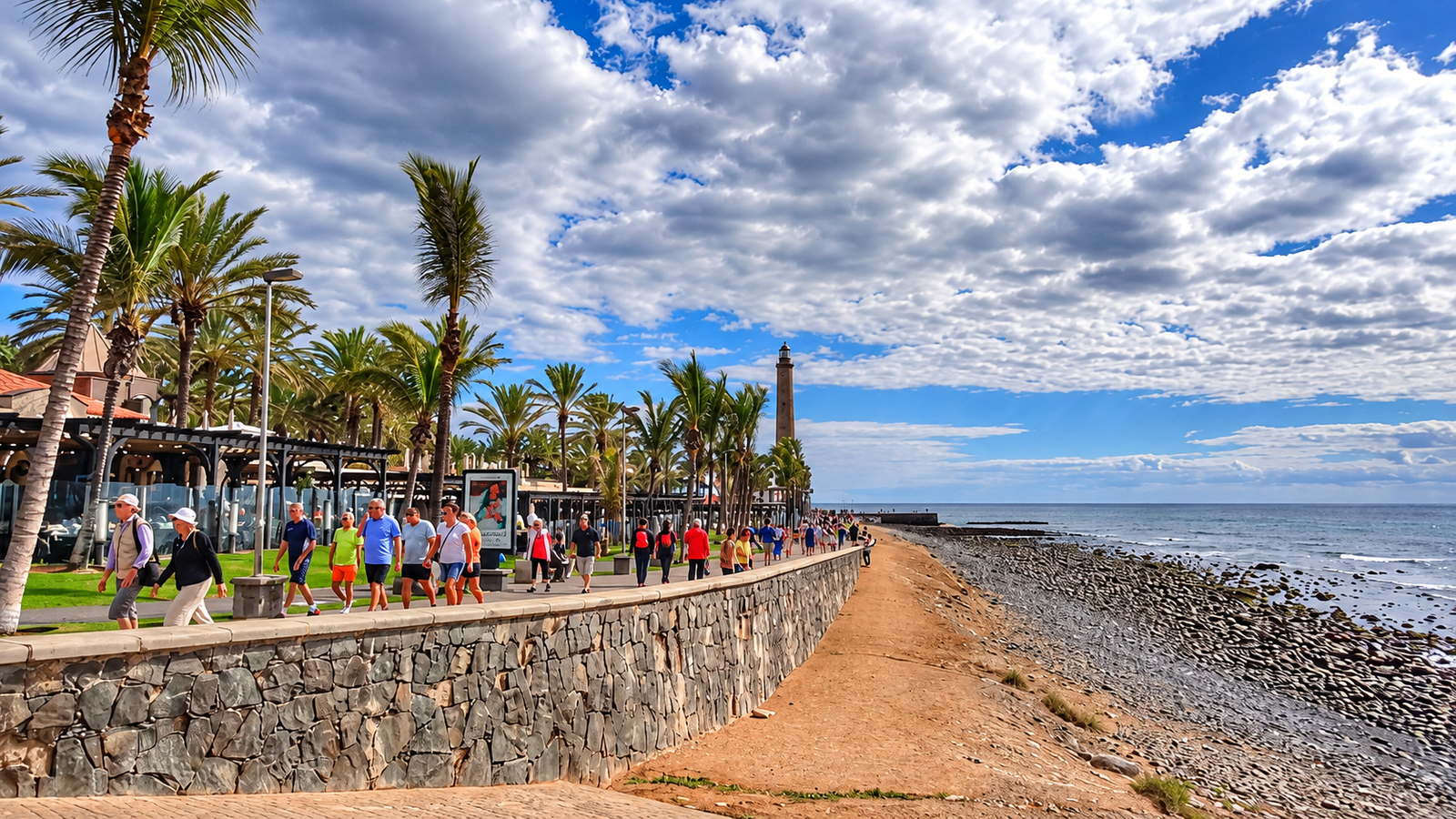 Zona de restaurantes y terrazas en Maspalomas, Gran Canaria
