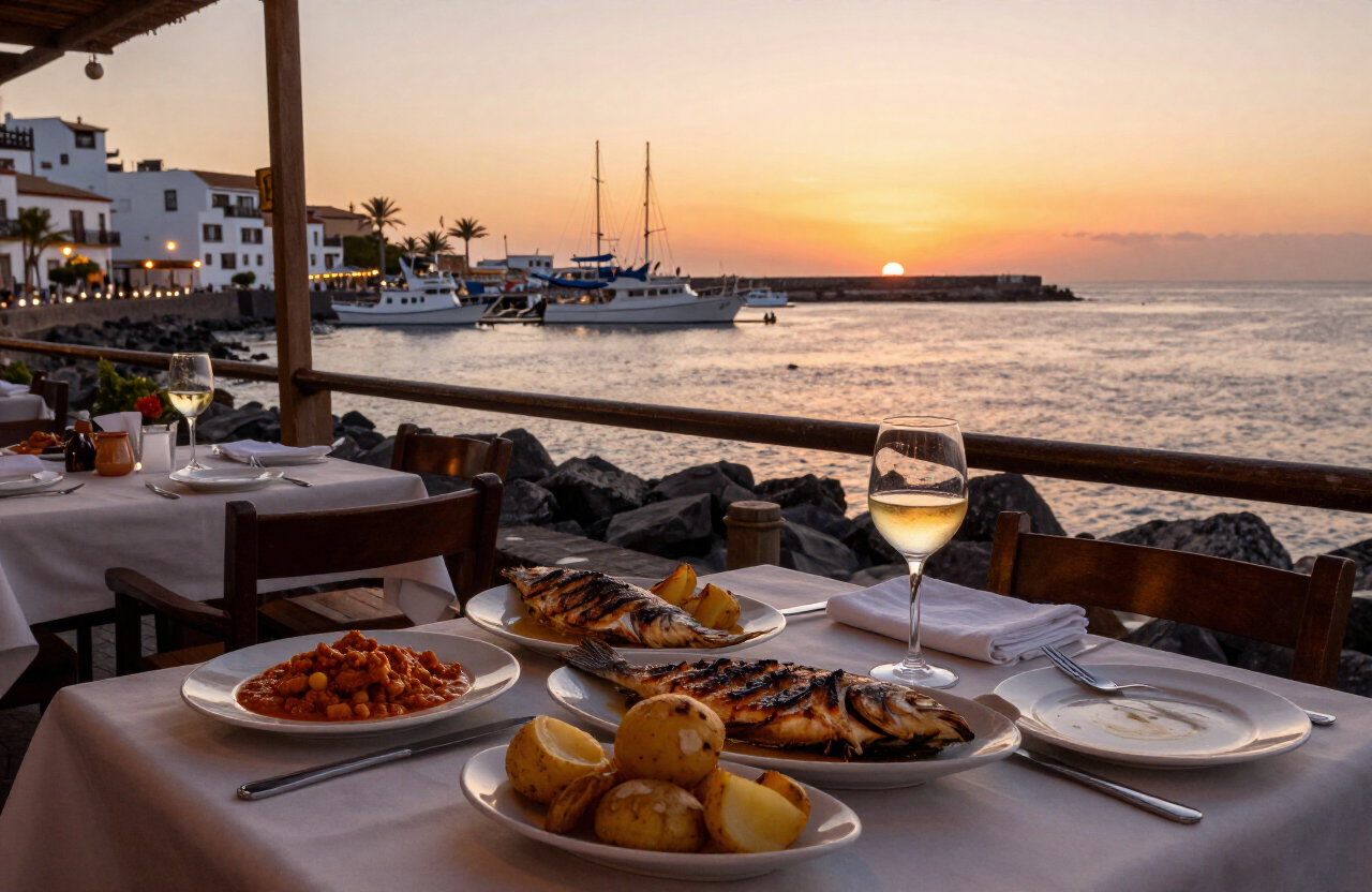 Terraza de restaurante frente al puerto de Arguineguín al atardecer, con pescado fresco y papas arrugadas, Gran Canaria